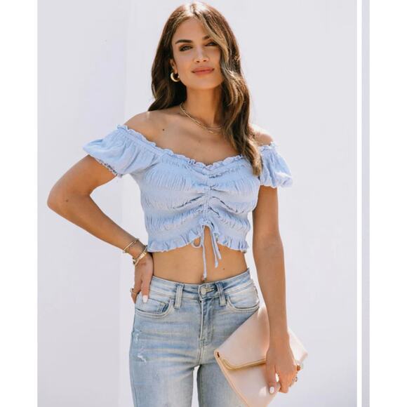 The Impeccable Pig Puff Sleeve Ruched Crop Top Sky Blue S - Picture 1 of 9
